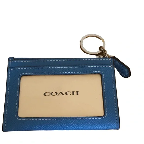 New Coach Crossgrain Leather Mini ID Cardholder Electric Blue with Keyring - Picture 5 of 12